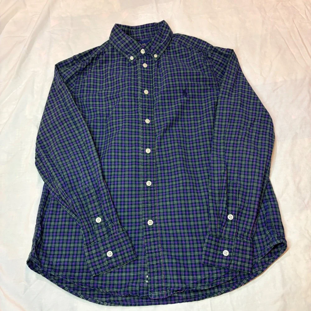 Ralph Lauren Boys Blue Green Plaid Button Down Shirt Sz L 14-16 Cotton Pony Logo